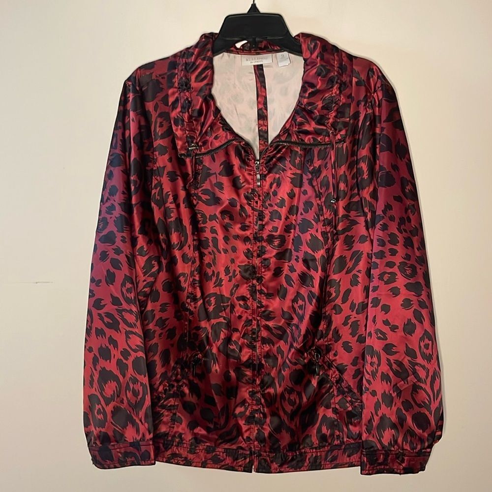 Weekends by Chico's- Red Black Animal Print Zip Windbreaker Jacket Size 3- Large